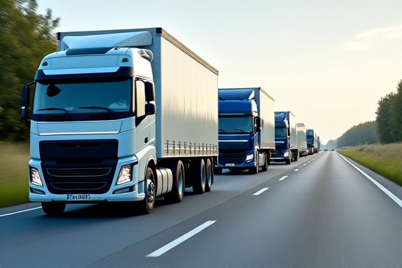 Ein Konvoi moderner LKWs auf einer Autobahn, der die Logistikbranche repräsentiert.