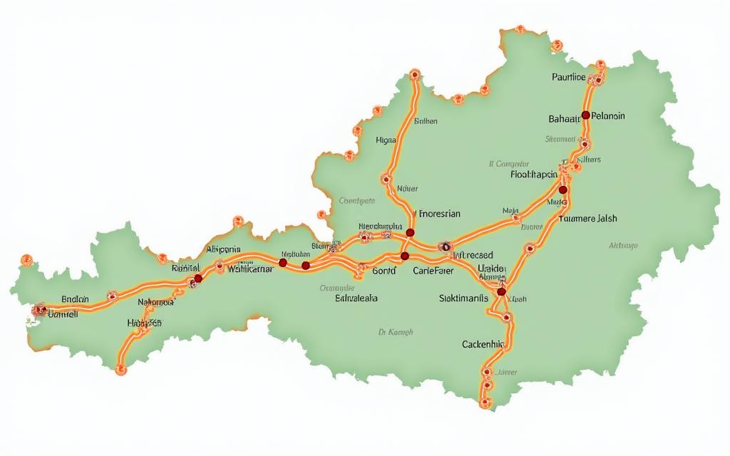 Eine stilisierte Landkarte von Österreich mit farblich markierten Straßen, die die Verkehrsdichte anzeigen: Grün für fließend, Orange für zähflüssig und Rot für Stau.