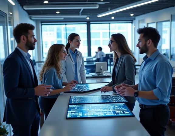 Ein diverses Team von Experten arbeitet gemeinsam vor Monitoren mit Datengrafiken in einem modernen Büro.